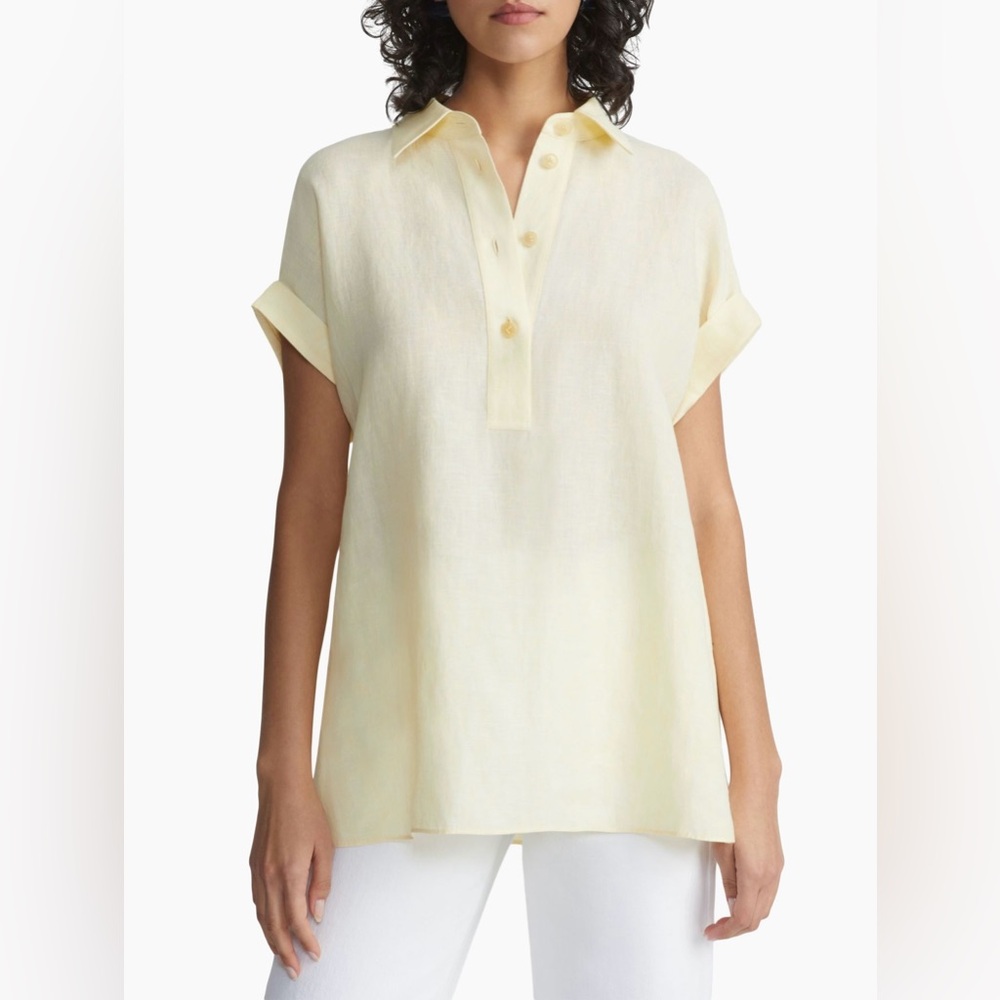 NWT Lafayette 148 ORGANIC LINEN DOLMAN POLO yellow melange size XS